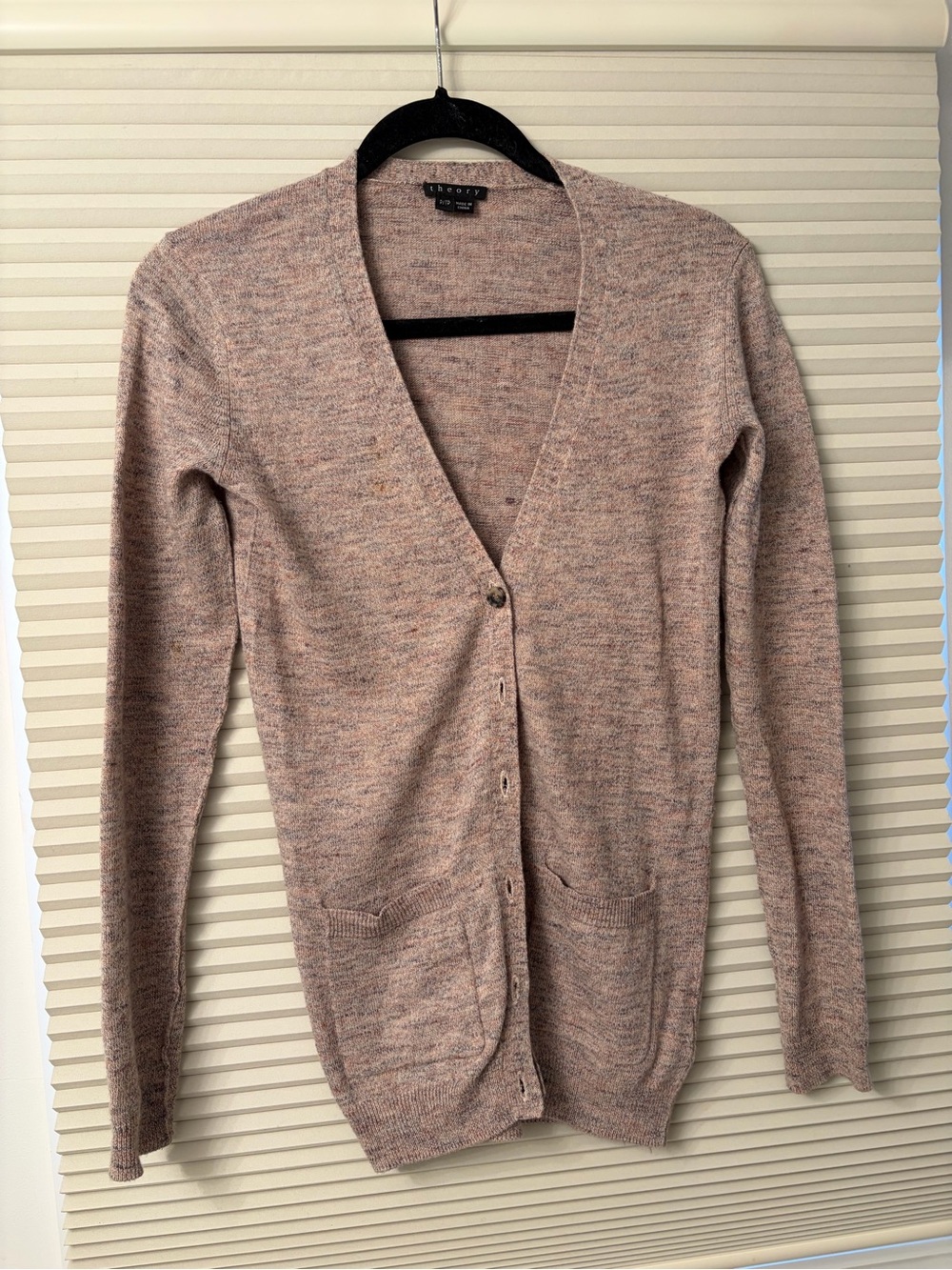 Theory Heathered Pink Open V-Neck Button Cardigan